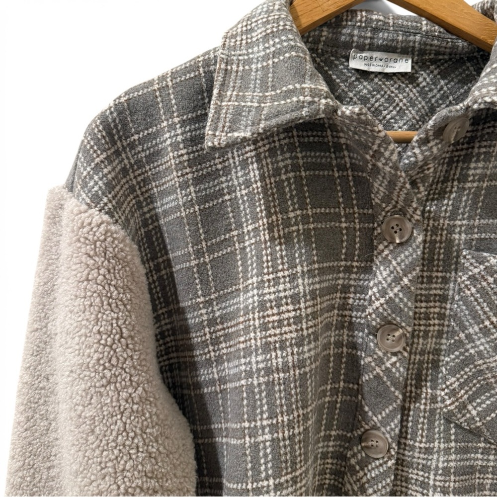 Papercrane Plaid Sherpa Sleeve Shacket Gray Wool Blend Button Front Small - Picture 3 of 8